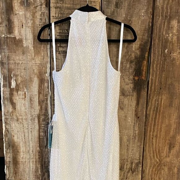 NWT Mac Duggal White Hand Embellished Halter Neck Midi Sheath Dress beaded Sz 8 - Picture 11 of 12